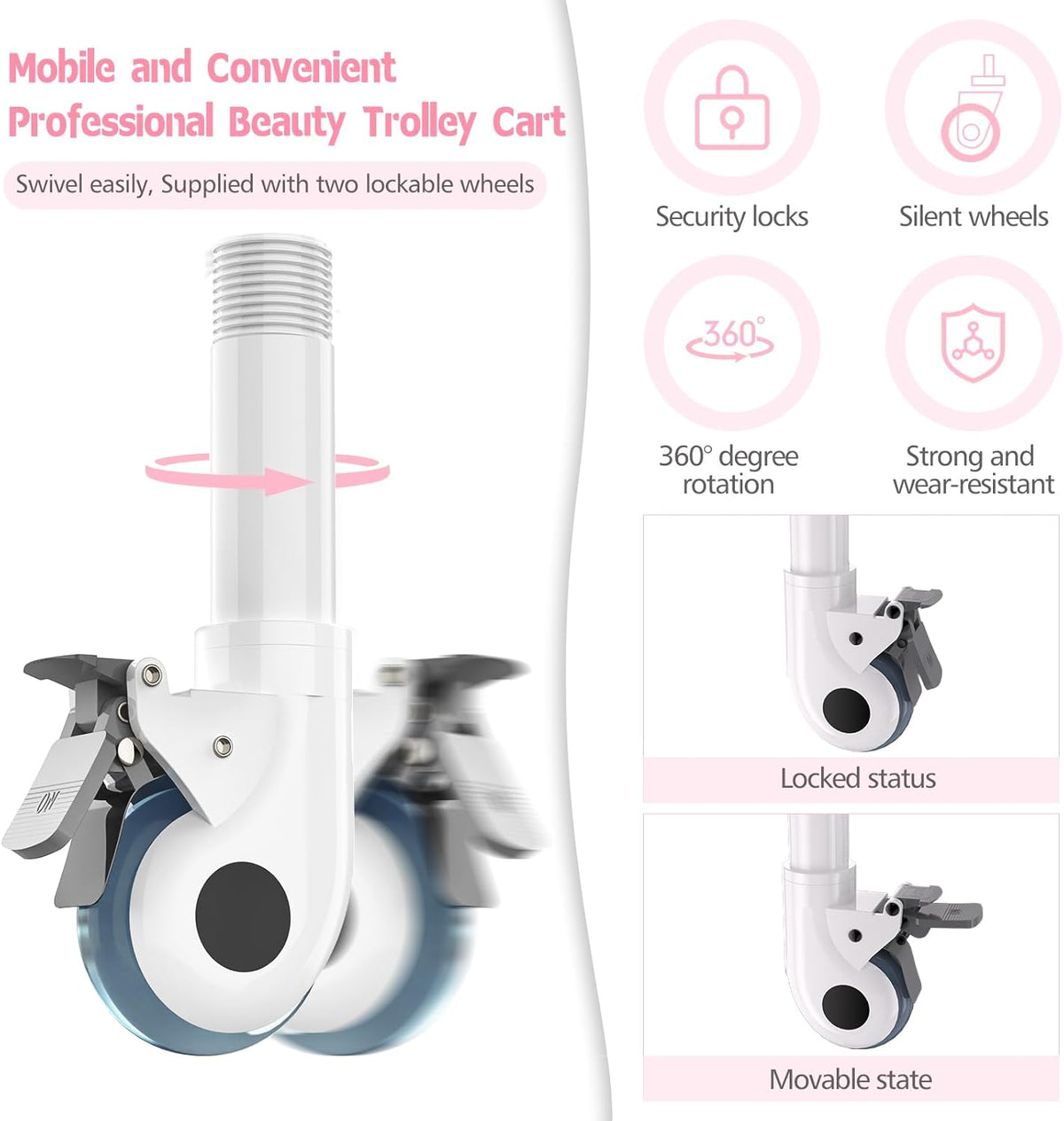 Schoonheidskar Met Wielen – Salonwagen – Werkwagen – Beauty Trolley – Kapperswagen – Voor Vacuümtherapiemachine – 2 Niveaus, 2 Grote Laden En Verwijderbare Emmer – ABS, 150 Kg Draagvermogen