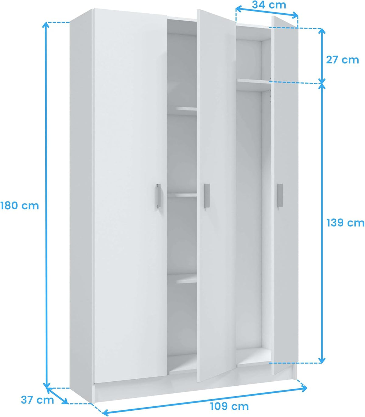 Multifunctionele kledingkast met drie vleugeldeuren en drie verstelbare planken, kleur wit, afmetingen 109 x 37 x 180 cm