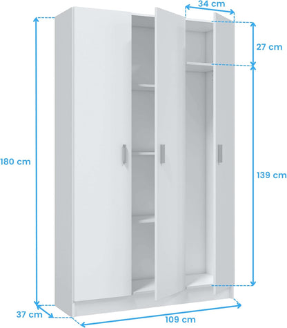 Multifunctionele kledingkast met drie vleugeldeuren en drie verstelbare planken, kleur wit, afmetingen 109 x 37 x 180 cm