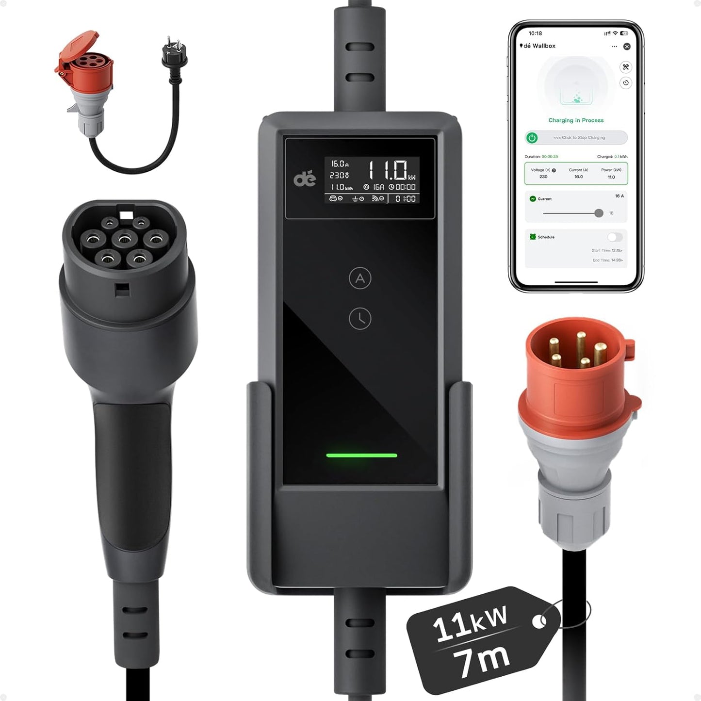 dé Mobile Wallbox 11kW mit APP [7m, 3-Fase, 6-16A] EV Charger 11kW met Digitaal LCD Bediening, EV Oplader CEE 11kW voor ID.3/4, Model Y/3, Enyaq, EX30/XC40, Niro en Andere EV&PHEV
