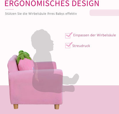 Kinderbank – Kinderstoel – Zitzetel – Bankje – Sofa – Aardbeienmotief – Stevig Houten Frame – Zachte Coral Fleece Bekleding