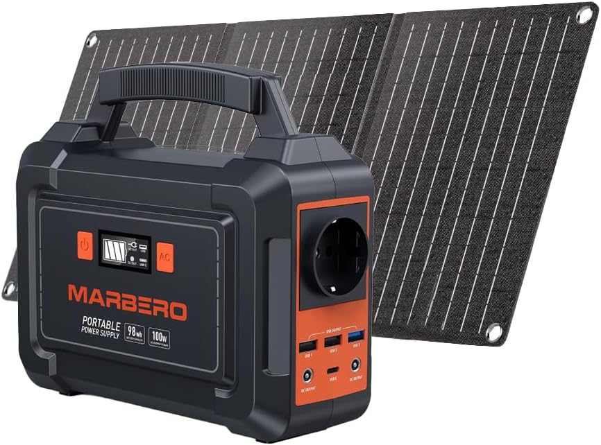 MARBERO Portable Power Station 98Wh met 30W opvouwbaar zonnepaneel, 150 W zonne-generator, outdoor batterij met DC-uitgangen voor camper, road trip, avontuur, camping, thuis, stroomuitval