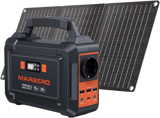 MARBERO Portable Power Station 98Wh met 30W opvouwbaar zonnepaneel, 150 W zonne-generator, outdoor batterij met DC-uitgangen voor camper, road trip, avontuur, camping, thuis, stroomuitval
