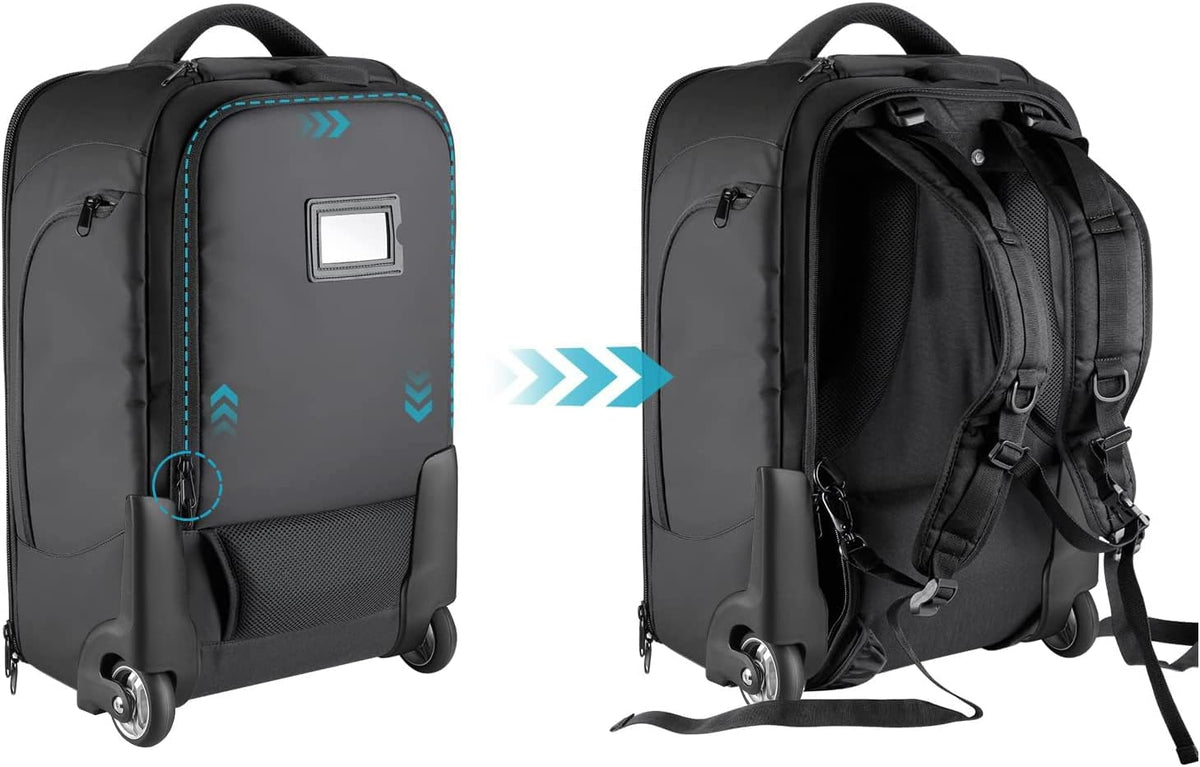 2-In-1 Camerarugzak met Wielen – Rolkoffer – Cameratas – Camera Trolley – Fototas – Zwart/Grijs – 11 Verstelbare Vakken – Laptopvak Tot 16 Inch