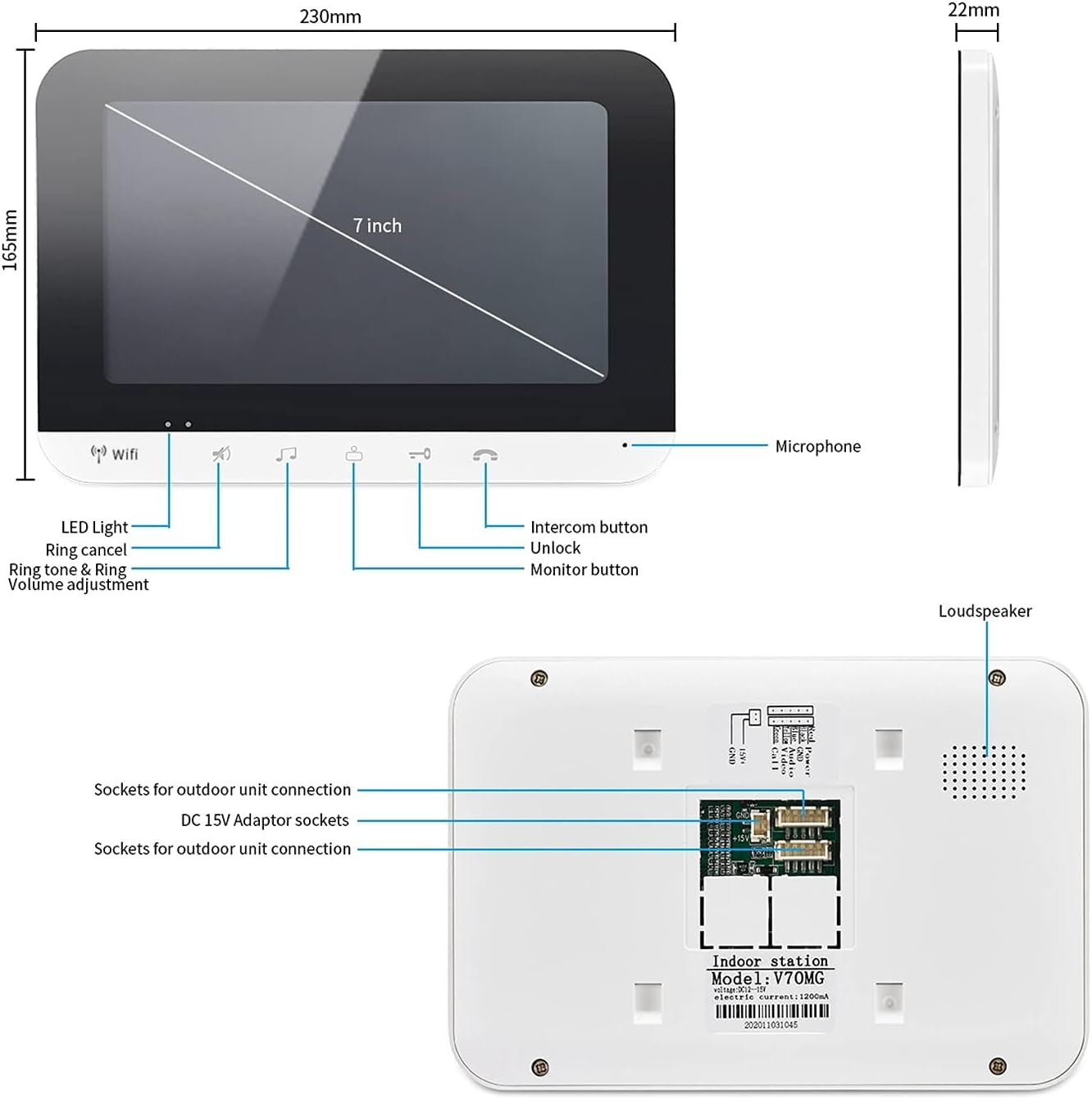 Dioche 7 Inch Bedrade Wifi-video-deurintercom, Intelligent Video-deurtelefoon-intercomsysteem, Video-deurbel-intercom-deurtelefoon met Nachtzichtcamera, APP-ontgrendeling op Afstand(EU)