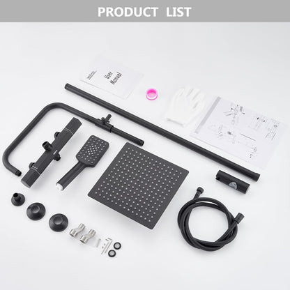 Douchesysteem met thermostaat, regendouche, doucheset, roestvrij stalen douchezuil met douchekop en handdouche, verstelbare douchestang, 960-1245 mm, complete douche-set voor badkamer, zwart