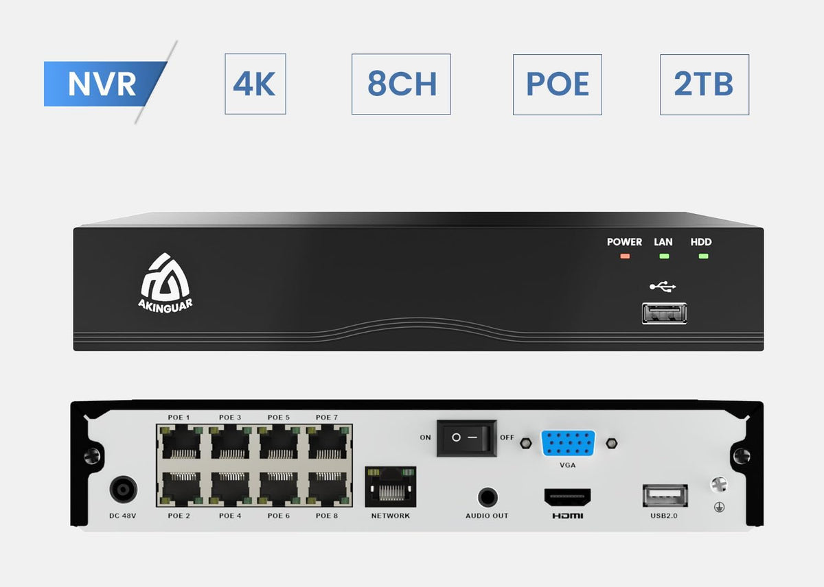 4K PoE NVR 8-kanaals CCTV-camerasysteem Network Video Recorder met 2TB-harde Schijf Ondersteunt 8MP 5MP 2MP IP-camera, Veiligheid 24/7 Opname, Werken met AKINGUAR PoE-camera's