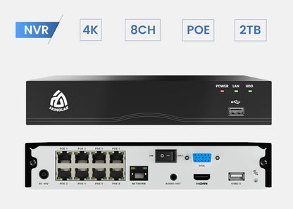 4K PoE NVR 8-kanaals CCTV-camerasysteem Network Video Recorder met 2TB-harde Schijf Ondersteunt 8MP 5MP 2MP IP-camera, Veiligheid 24/7 Opname, Werken met AKINGUAR PoE-camera's