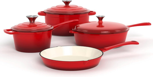 Kitchen Academy, Cast Iron Pan, 7-Piece Set with Dutch Ovens, Enameled Cast Iron Cookware, Sauce Pan, Pan, 3 Lids, Dutch Oven Set, Pans and Pan Set, Non-Stick Coating, Red - QUORE