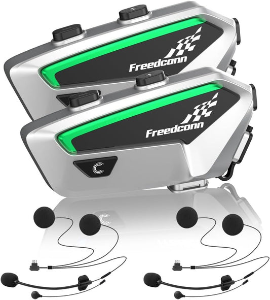FreedConn FX Motorfiets Bluetooth Headset met Muziek Delen, 2 stks FX 10 Riders 1500m Groep Helm Bluetooth Intercom met Ruisonderdrukking/FM Radio, /Universele Koppeling/Zilver Ultradunne Body