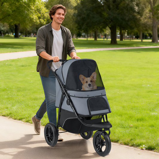 3-wiel hondenwagen – hondenbuggy – hondenkar – hondenbuggy – hondenbuggy wandelwagen – Lichtgewicht en stevig – Verstelbare zonnekap met remmen – Grijs