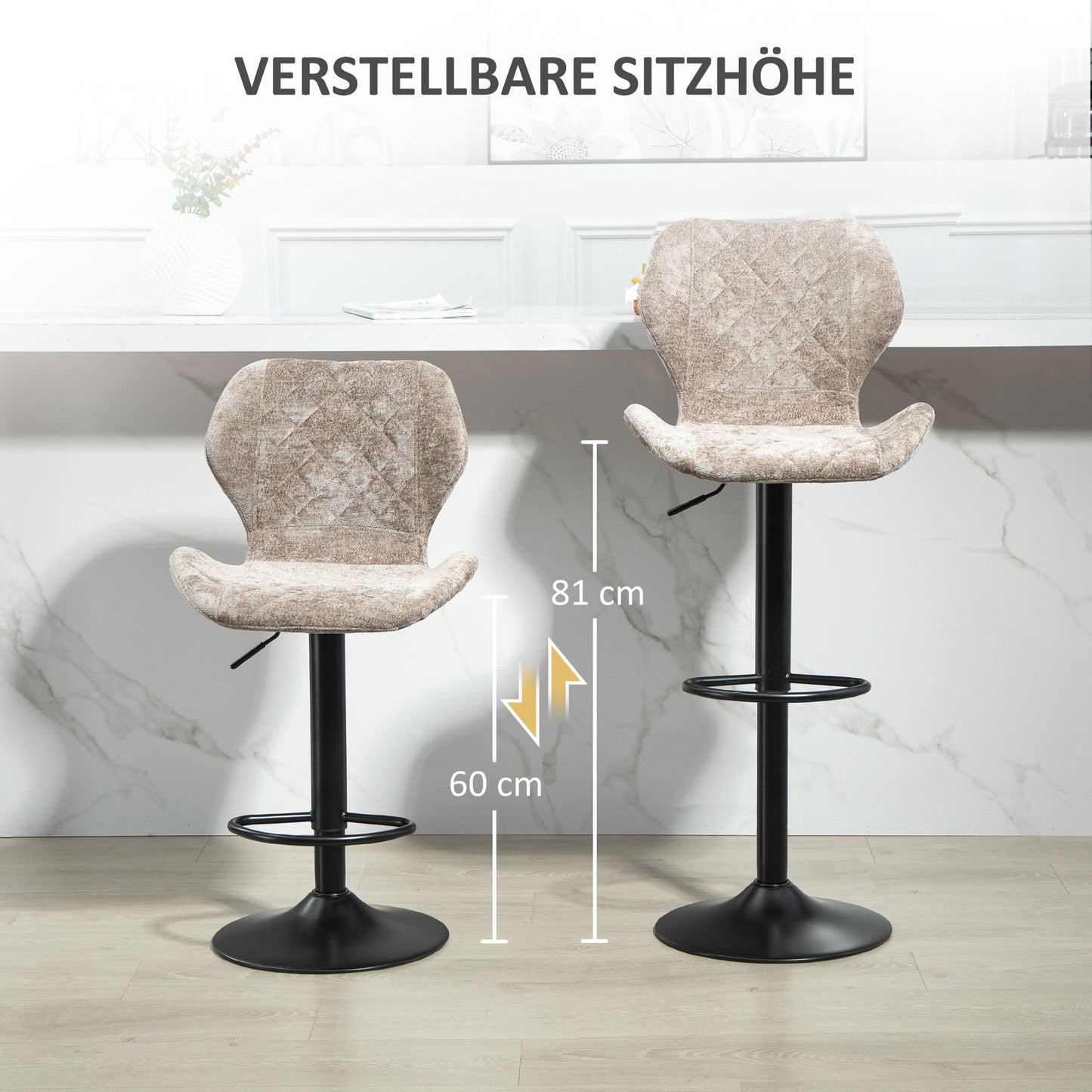 Barkrukken – Barstoelen – Keukenkrukken – Stoelen – Krukjes – Verstelbare Hoogte – 360° Draaibaar – Chenille Bekleding – Stalen Frame – Bruin – Set 2 Stuks