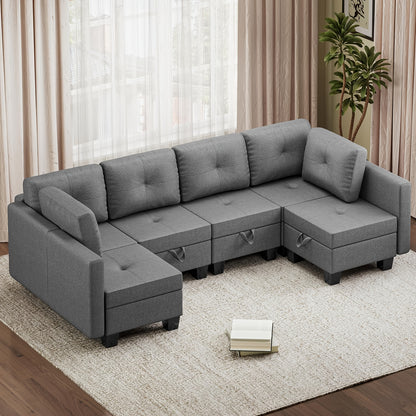 Modulaire U-vormige Hoekbank – Sectional Bank – L-vormige Sofa – Zitbank Met Opbergruimte – Slaapbank – Memoryfoam Zitting – Verwijderbare Kussens – Grijze Stoffen Bank Voor 6 Personen