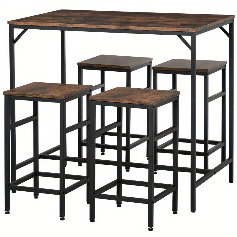Bartafelset – Barset – Bistroset – Barkrukset – Eettafelset – Ruimtebesparend Ontwerp – Melamine Tafelblad & Stalen Frame – Rustic Bruin/Zwart – 4 Inklapbare Krukken