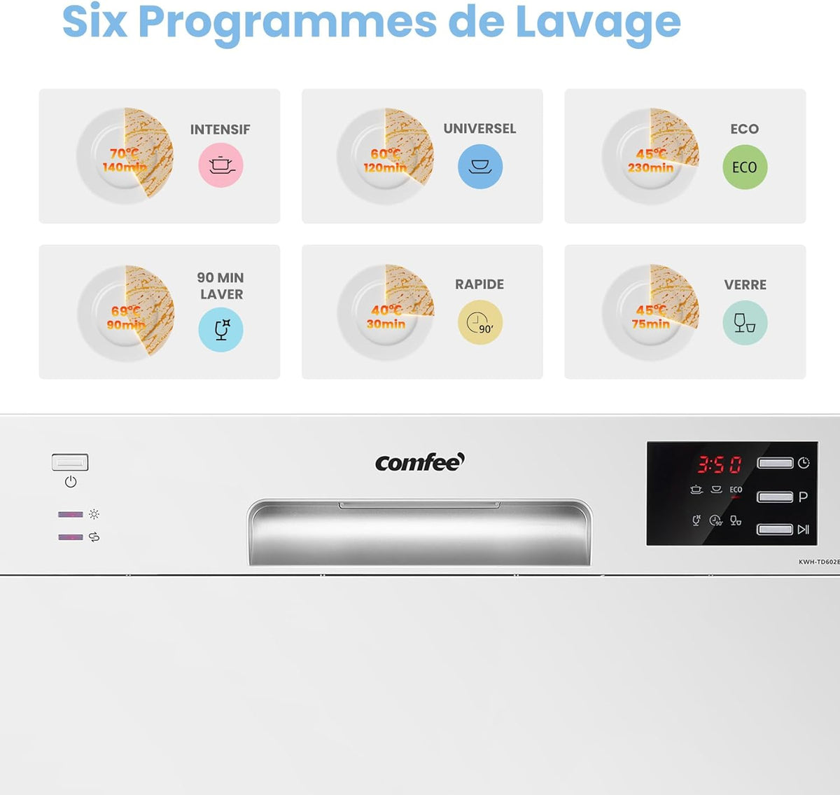 COMFEE TD602E-W Compacte vrijstaande vaatwasser, led-display, 6,5 liter, wit, geluidsniveau: 47 dB