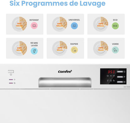COMFEE TD602E-W Compacte vrijstaande vaatwasser, led-display, 6,5 liter, wit, geluidsniveau: 47 dB