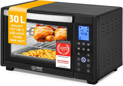 TZS First Austria - Minibakoven digitaal 30L 1600W - Mini Oven traploze temperatuurregeling tot 230°C - Minioven 60 m timer, 3 inschuifhoogtes, bakplaat & grillrooster - Voor kleine keukens & kamperen