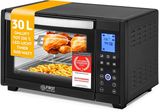 TZS First Austria - Minibakoven digitaal 30L 1600W - Mini Oven traploze temperatuurregeling tot 230°C - Minioven 60 m timer, 3 inschuifhoogtes, bakplaat & grillrooster - Voor kleine keukens & kamperen