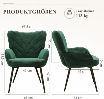 COLAMY Woonkamerstoel, fluwelen beklede relaxstoel met hoge rugleuning, gevoerde comfortstoel met Wingback-design, lounge stoel met houten poten voor woonkamer, leeshoek, groen