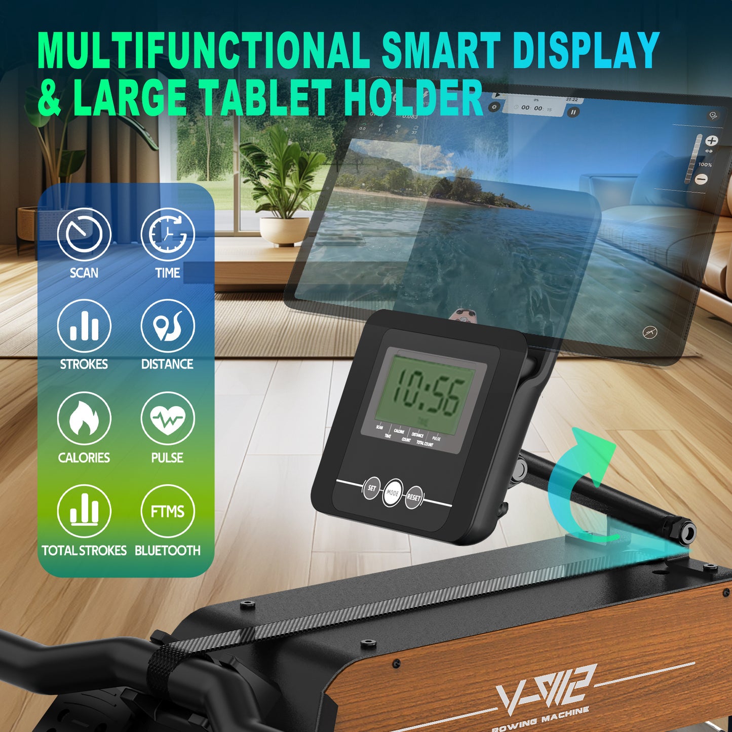 Rowing Machine for Home, Water Rowing Machine with Bluetooth Monitor, Foldable Rowing Machine, Rowing Machines with Adjustable Table Holder, 160 Kg Weight Capacity