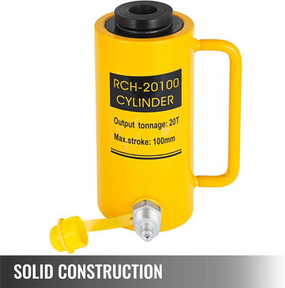 VEVOR Hydraulische cilinderkrik, capaciteit 20T, hydraulische cilinder, 100 mm, hub, eenvoudig werkend, draagbaar, geel, hydraulische krik, holle zuigerlift, hydraulische fles, 9 kg, voor