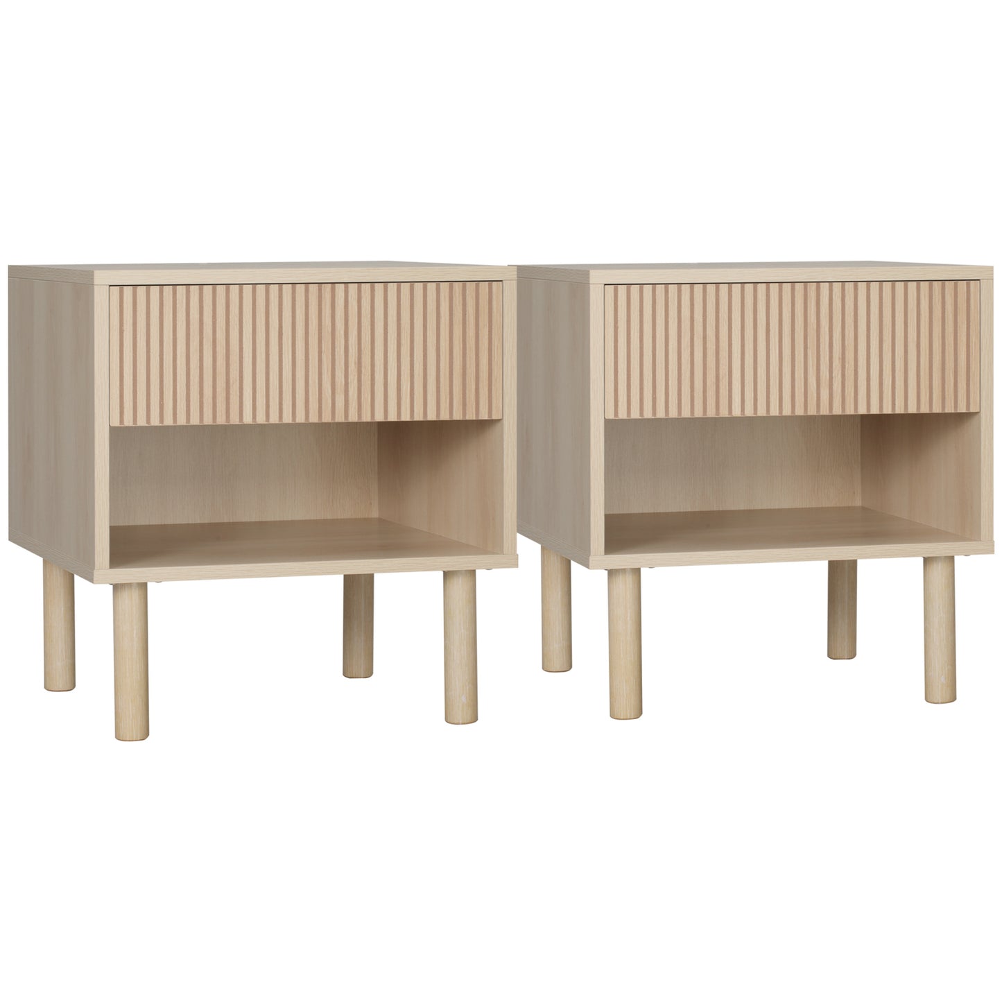 Nachtkastje – Bijzettafel – Sidetable – Bedtafeltje – Set van 2 – Natuurlijk Hout – Laden en Open Vakken – Compact 47x47x50 cm
