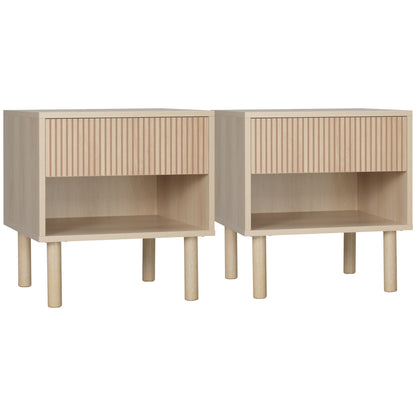 Nachtkastje – Bijzettafel – Sidetable – Bedtafeltje – Set van 2 – Natuurlijk Hout – Laden en Open Vakken – Compact 47x47x50 cm