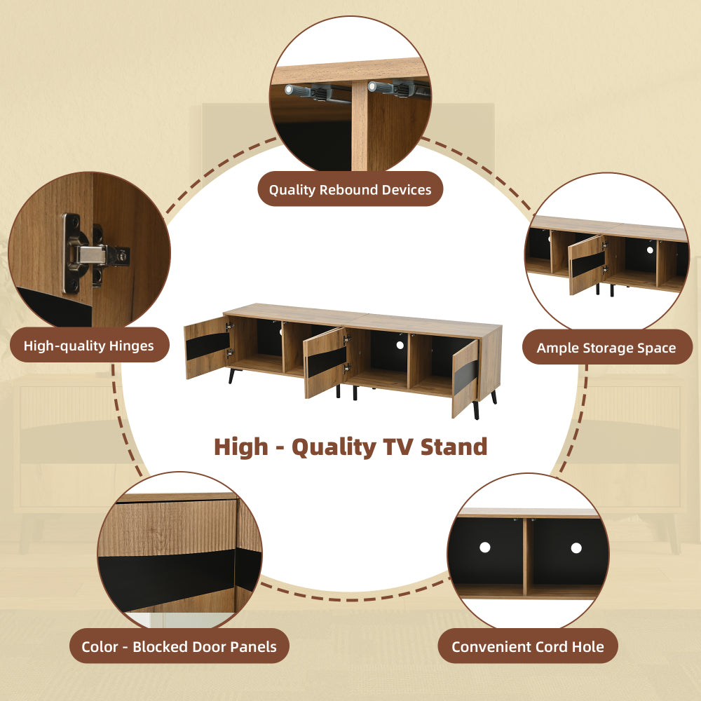TV-meubel – TV-kast – TV-meubel woonkamer – Lowboard – Mediaconsol – Natuurlijke Houtkleur Met Zwarte Accenten – 180 cm Breed Met 4 Kasten En 30 kg Draagvermogen