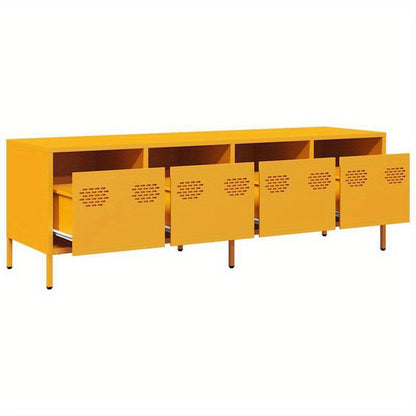 Tv-meubel – Tv-kast – TV-meubel – TV-kast – Meubel – Mosterdgeel – Modern Design – Koudgewalst Staal – 134x39x43 cm – Ruime Opbergruimte – Decoratieve Planken