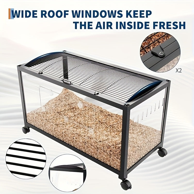 360° View Transparent Hamster Cage - with Front Door & Ventilated Roof, Clear Viewing Habitat, Heavy-Duty Construction, Cage with Wheels for Hamsters, Rats, Guinea Pigs - Easy-Clean Small Pet House, Mobile Animal Enclosure
