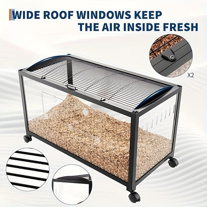 360° View Transparent Hamster Cage - with Front Door & Ventilated Roof, Clear Viewing Habitat, Heavy-Duty Construction, Cage with Wheels for Hamsters, Rats, Guinea Pigs - Easy-Clean Small Pet House, Mobile Animal Enclosure