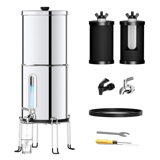 Zwaartekrachtwaterfiltersysteem 5,6 Liter – Waterfilter – Drinkwaterfilter – Zwaartekrachtfilter – Koolstoffilter – 304 Roestvrij Staal – Waterniveau-Indicator