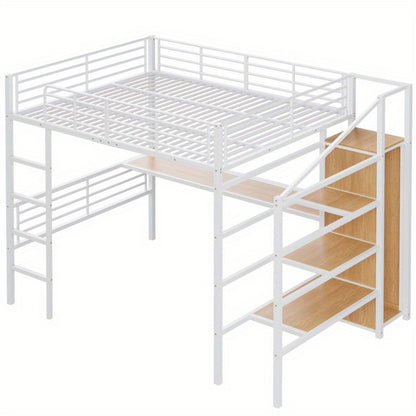 Hoogslaper – Stapelbed – Kinderbed – Eenpersoonsbed – Meubel – Met Bureau en Open Kledingrek – 140x200 cm – Wit Metaal – Stevig Frame & Ruime Opbergruimte