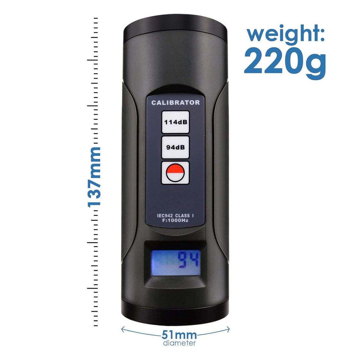 Digitale geluidsniveaumeter kalibrator 94 dB & 114 dB voor 1/2 inch en 1 inch microfoon geluid decibel kalibratiegereedschap