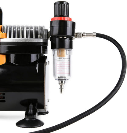 MEEDEN Airbrush-compressor, 1/5 pk, inzuigercompressor met auto-stop, hermisch beschermd, laag loopgeluid, 47 dB, regelaar, watervalhouder, 1/8 luchtslang voor modelbouw, tattoo en graffiti