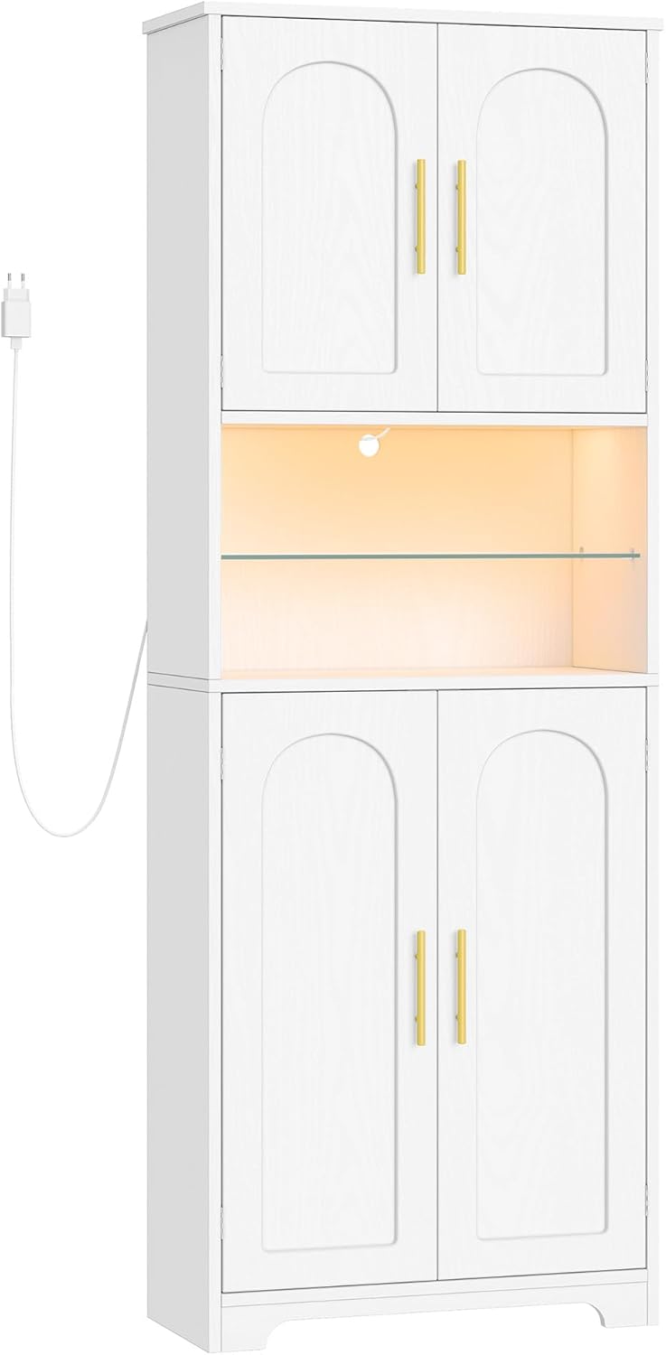Hzuaneri Bathroom Cabinet, Bathroom Cabinet, Tall Cabinet with Colour Changing LED Lights and 4 Doors, Adjustable Shelves, Living Room, Bathroom, 30 x 60 x 170 cm, White Wood Grain SC68213X