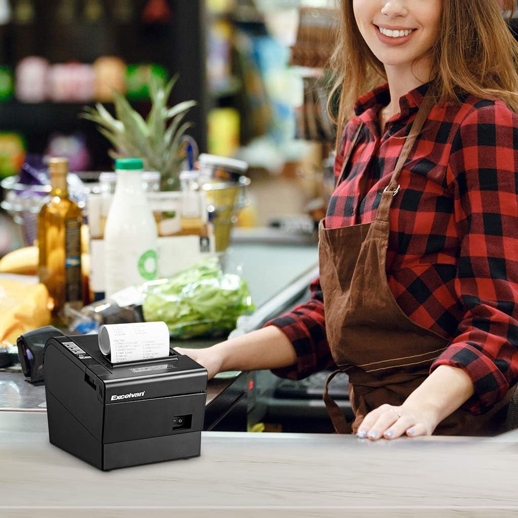 Excelvan Thermische printer, 80 mm, 300 mm/s, hoge snelheid, draagbaar, automatisch, met seriële poort, USB-poort, ladedeur, voor restaurant ESC/POS Shop