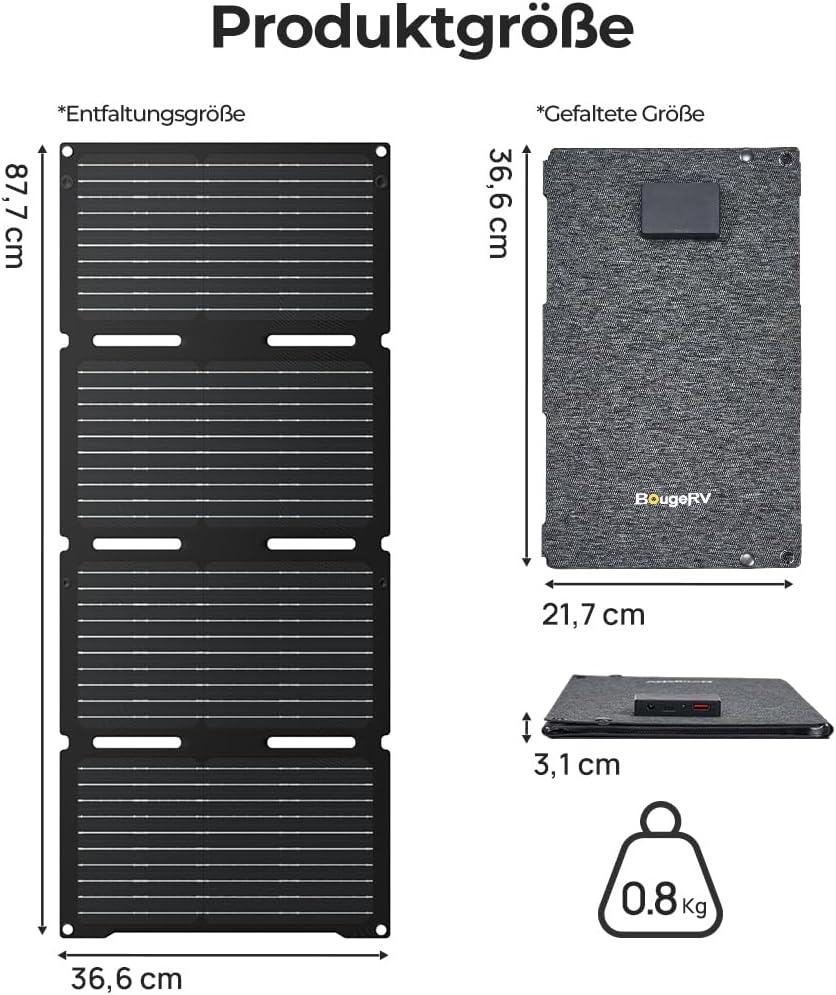 BougeRV 50 W ETFT opvouwbaar zonnepaneel, glasvezel 270 graden, 0,8 kg, zonnepaneel met DC/USB-C/USB-A-uitgangen, draagbaar zonnepaneel met karabijnhaak, compatibel met mobiele telefoon, tablet, klein