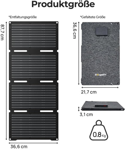 BougeRV 50 W ETFT opvouwbaar zonnepaneel, glasvezel 270 graden, 0,8 kg, zonnepaneel met DC/USB-C/USB-A-uitgangen, draagbaar zonnepaneel met karabijnhaak, compatibel met mobiele telefoon, tablet, klein