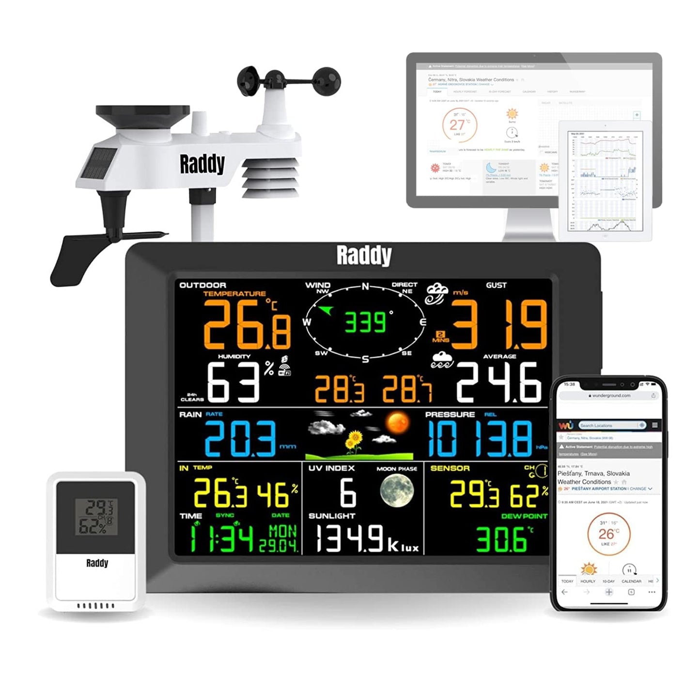 Raddy WF-100C Weerstation met buitensensor radio, 14-in-1 wifi-binnen-buitenthermometer met 10 inch digitaal kleurendisplay, windmeter, regenmeter, zonnesensor voor thuis, kantoor, tuin