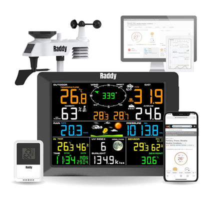 Raddy WF-100C Weerstation met buitensensor radio, 14-in-1 wifi-binnen-buitenthermometer met 10 inch digitaal kleurendisplay, windmeter, regenmeter, zonnesensor voor thuis, kantoor, tuin