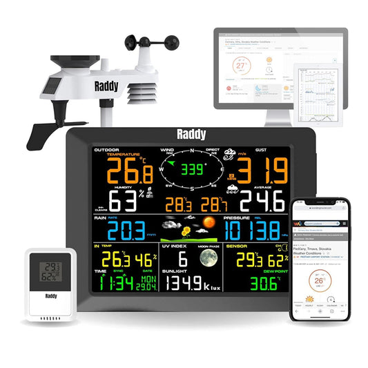 Raddy WF-100C Weerstation met buitensensor radio, 14-in-1 wifi-binnen-buitenthermometer met 10 inch digitaal kleurendisplay, windmeter, regenmeter, zonnesensor voor thuis, kantoor, tuin