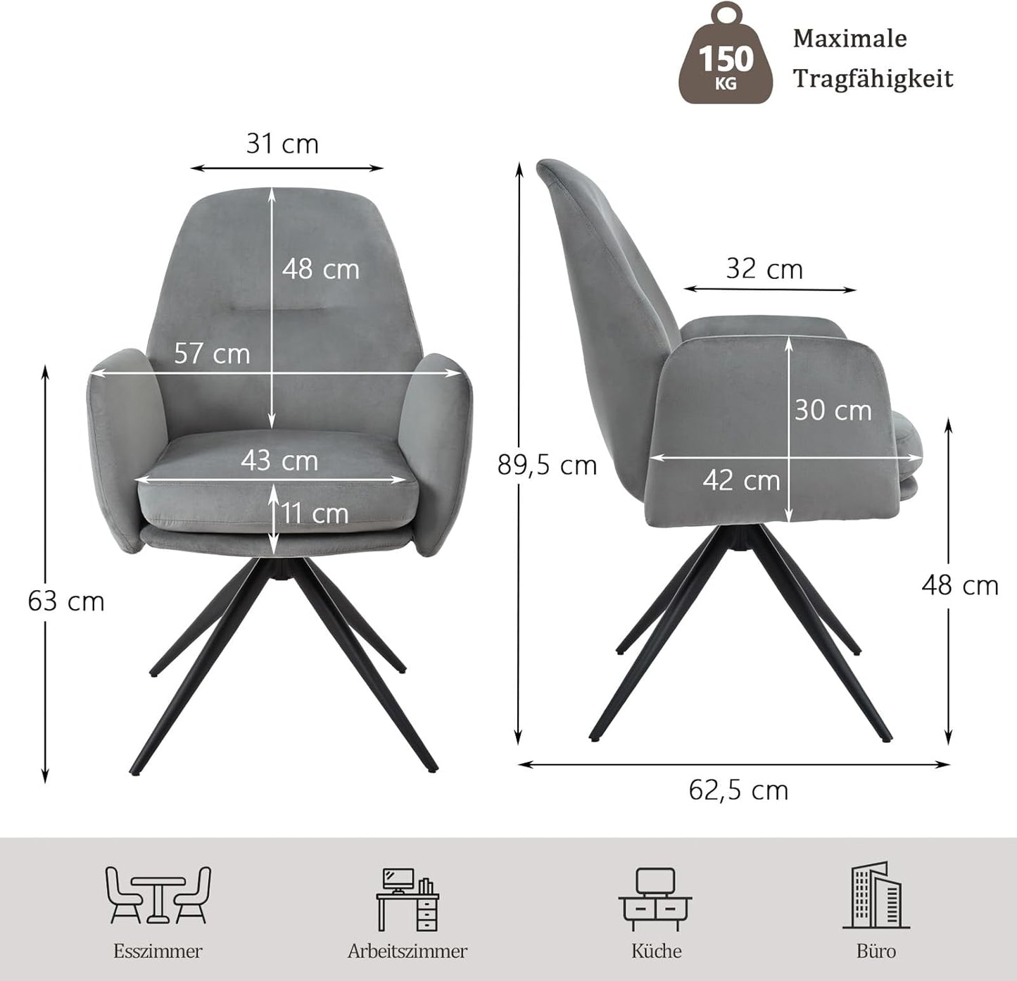 1 Draaibare Eetkamerstoel 360°met Armleuningen van Fluweel, Hoge Rugleuning en Dikke Gevulde Zitting, Voor Eetkamer, Keuken of Woonkamer, Lichtgrijs