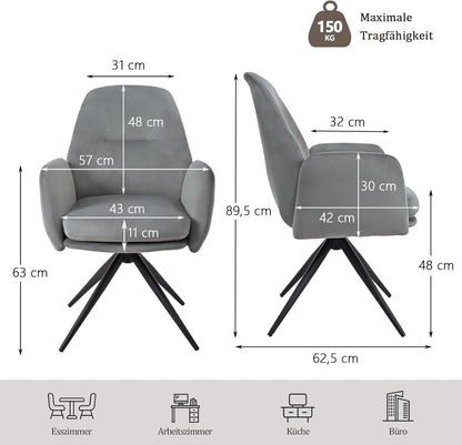 1 Draaibare Eetkamerstoel 360°met Armleuningen van Fluweel, Hoge Rugleuning en Dikke Gevulde Zitting, Voor Eetkamer, Keuken of Woonkamer, Lichtgrijs