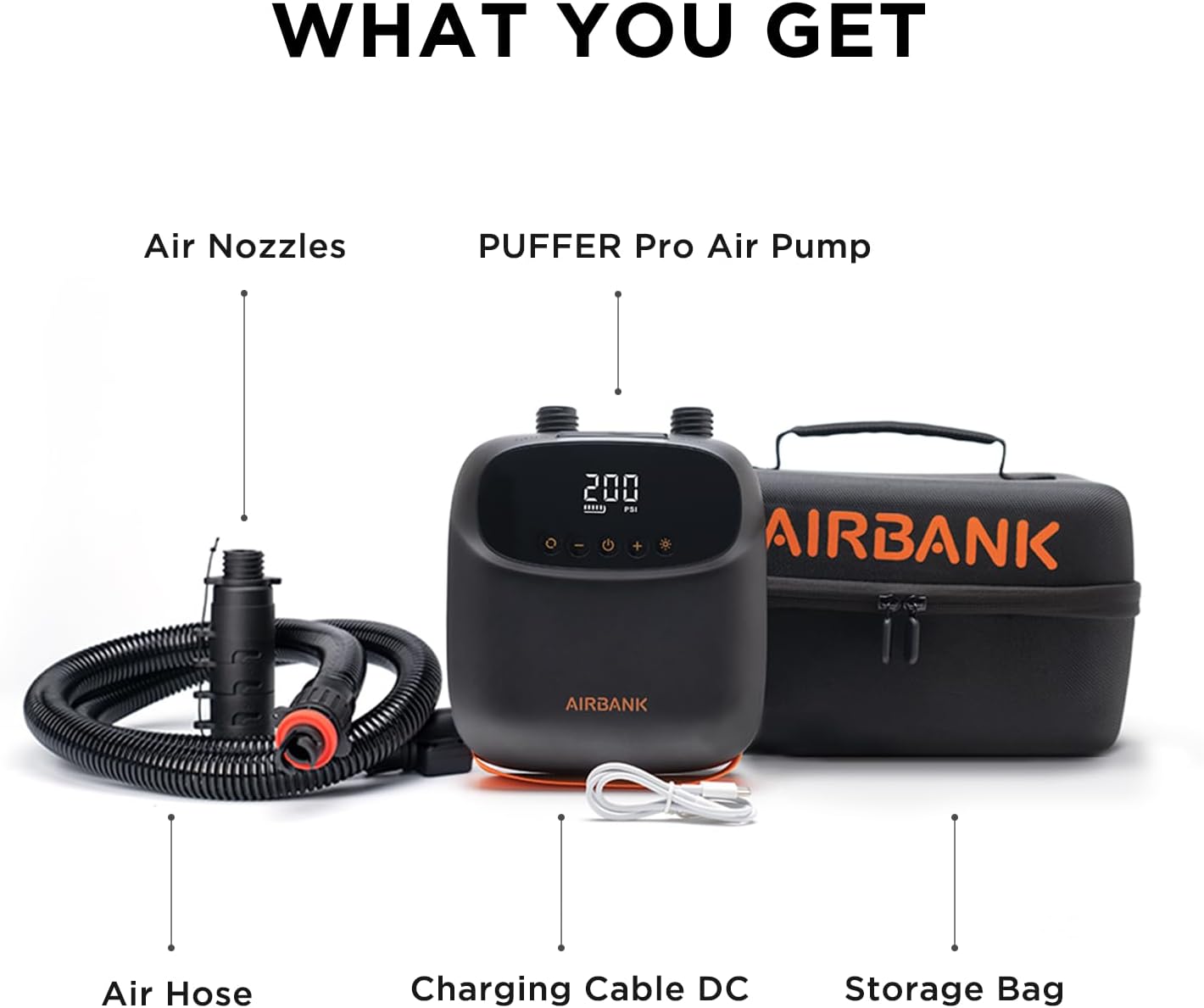 AIRBANK Paddle Board-pomp Elektrisch 20PSI The Puffer Pro, draagbare SUP-pomp, tweetraps inflatie en automatische uitschakeling luchtpomp voor kajak, opblaasboten, boten, tent, matras, vliegervleugels