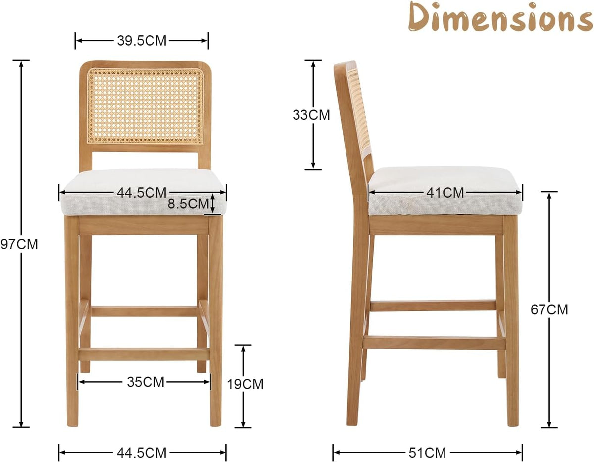 Barstoel – Barkruk – Hoog Krukje – Keukenstoel – Bistrostoel – Set van 2 – Rieten Rugleuning – Chenille Zitkussen – Massief Houten Poten – Wit - QUORE