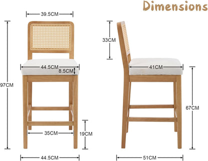 Barstoel – Barkruk – Hoog Krukje – Keukenstoel – Bistrostoel – Set van 2 – Rieten Rugleuning – Chenille Zitkussen – Massief Houten Poten – Wit - QUORE