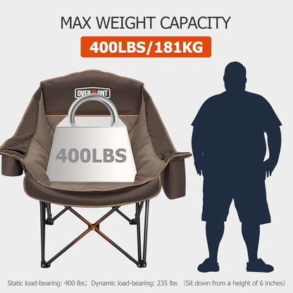 OVERMONT Extra grote inklapbare campingstoel, campingsofa, belastbaar tot 204 kg, opvouwbare campingstoel, gevoerd met bekerhouder, koeltas, hoge rugleuning, voor outdoor, indoor, camping, tuin, kaki