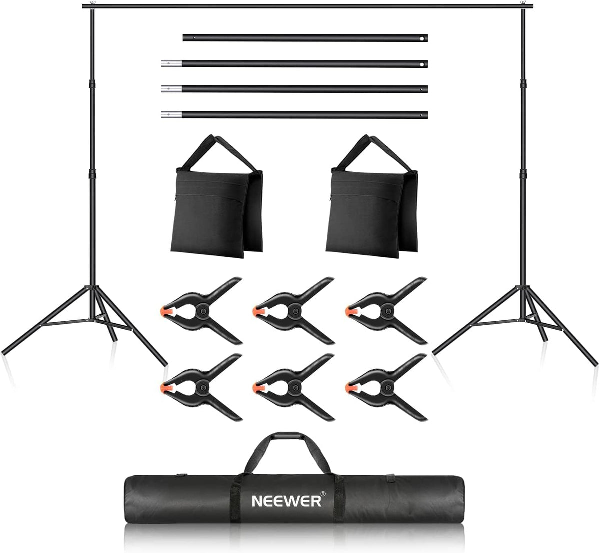 NEEWER Fotostudio achtergrondsteunsysteem, 3 m breed, 2 m hoog, verstelbare achtergrondstandaard met 4 dwarsstangen, 6 achtergrondklemmen, 2 zandzakken, draagtas voor portretstudio-fotografie, 3 stuks