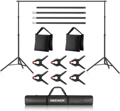 NEEWER Fotostudio achtergrondsteunsysteem, 3 m breed, 2 m hoog, verstelbare achtergrondstandaard met 4 dwarsstangen, 6 achtergrondklemmen, 2 zandzakken, draagtas voor portretstudio-fotografie, 3 stuks